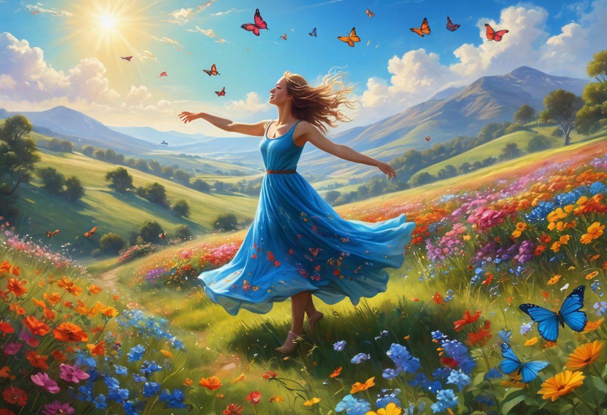 A serene landscape featuring a person joyfully dancing in a sunlit meadow filled with colorful flowers, surrounded by butterflies and a soft breeze. In the background, gentle hills roll under a bright blue sky, symbolizing freedom and happiness. Incorporate elements of soft glowing light to enhance the feeling of bliss. vibrant colors. super-realistic.