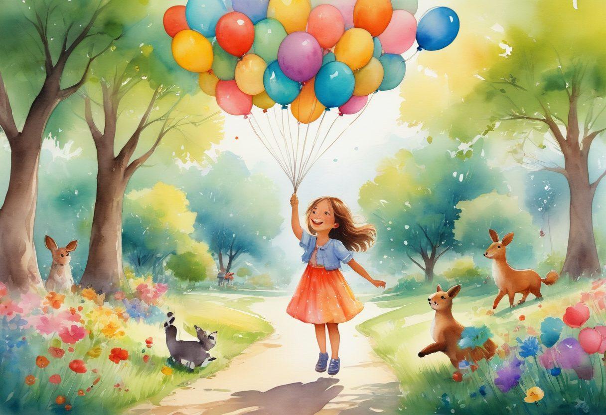 A whimsical scene of a joyful character named Titti, surrounded by colorful balloons and playful animals in a verdant park, radiating happiness and laughter. Include soft sunlight filtering through trees, children playing, and flowers blooming all around to evoke a sense of playfulness and joy. Artistic style with a mix of watercolor and vibrant colors. dreamy and cheerful.