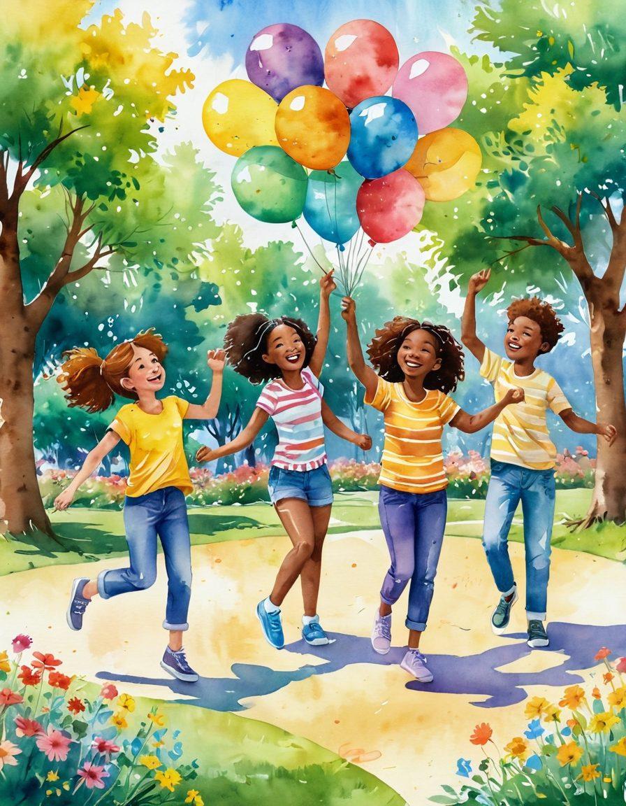 A bright, cheerful scene depicting a diverse group of friends joyfully engaging in playful activities like dancing, painting, and playing games in a colorful park. Include elements of sunshine, flowers, and balloons that symbolize happiness and spontaneity. Titti, a friendly cartoon character with a big smile, should be central, encouraging others to embrace their playful spirit. The overall atmosphere should be vibrant and inviting, inspiring a sense of joy and connection. watercolor style. vibrant colors. lively background.
